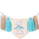 Big One Surf High Chair Banner - Wave 1st Birthday Decoration for Boys, Tassel Garland