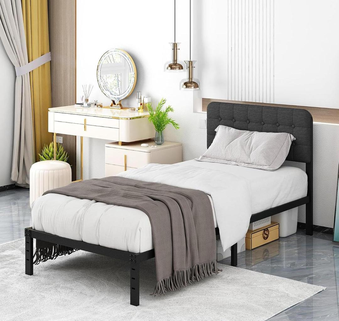 Likelalaso Twin XL Bed Frame with Upholstered Headboard, 12 inch Twin XL Metal Bed Frames, Steel Slat Support, Noise Free, No Box Spring Needed, Easy Assembly, Black