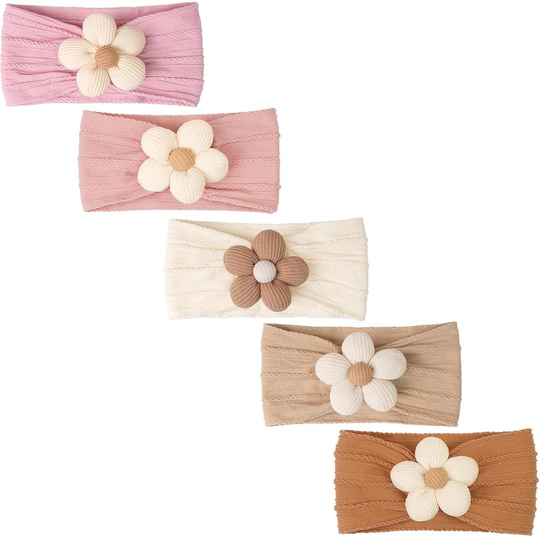 CLLOT 5 Pcs Baby Flower Headbands Baby Girls Nylon Headbands Soft Hairbands Hair Accessories for Newborn Infant Toddler Kids (Beige+Pink+Purple+Brown+Orange)