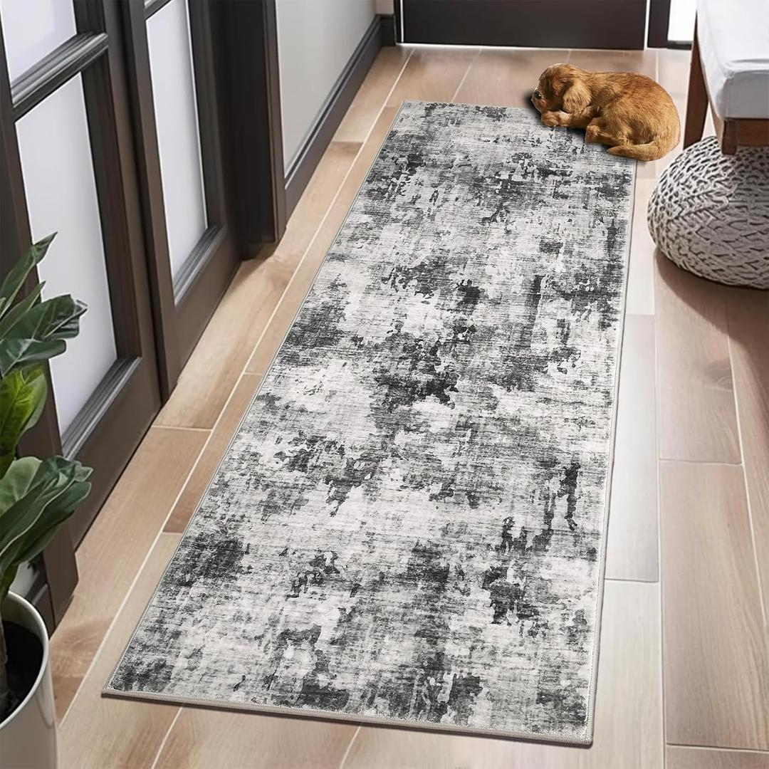 2x6 Runner Rug, Vintage Abstract Washable Hallway Runners for Kitchen Laundry Room, Ultra-Thin Soft Non-Slip Rug Runners for Entryway Bedroom (Grey, 2'x6')