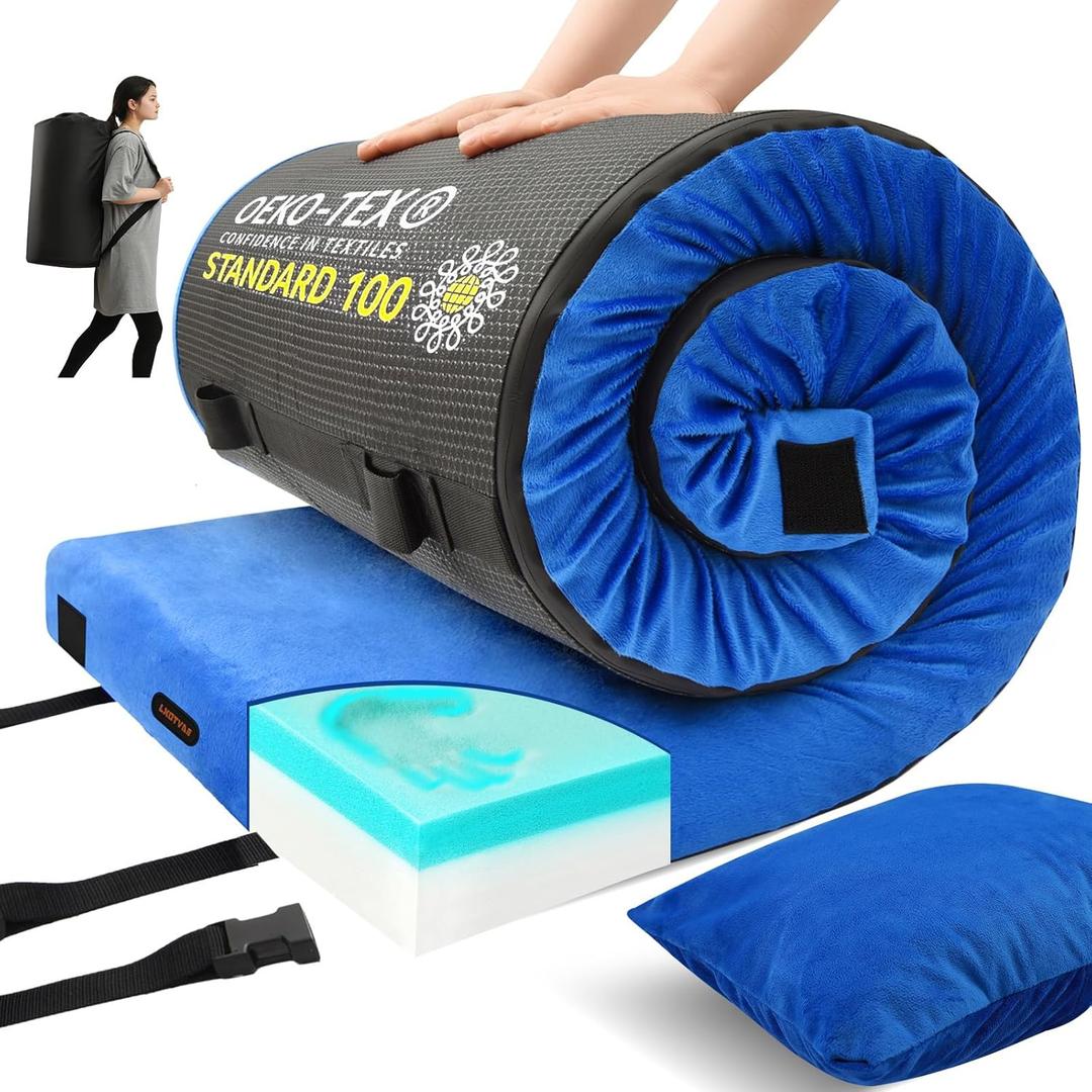 Memory Foam Camping Mattress pad, Comfortable Thick Floor Sleeping Mat for Adults with Waterproof and Non-Slip Bottom, Portable Roll Up Mattress for Sleepover Guest,Cot Mad for Car Camping (Twin:75*38*3", Blue)