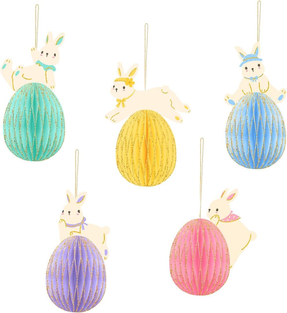 AOBKIAT Easter Decorations,5 PCS Easter Bunny Egg Honeycomb Hanging Ornaments for Home Classroom Decor, Party Favors,Spring Party Supplies (Pastel Color)