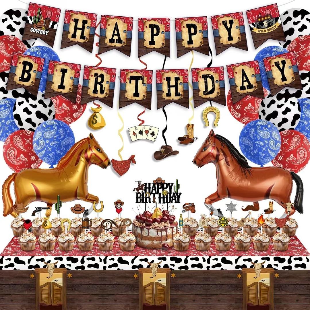 2 x Birthday Party Decorations - Western Cowboy Birthday Party Decorations 53Pcs, Included Western Theme Banner Cake Toppers 12'' Latex Balloon Swirls Decor Horse Foil Balloon for Wild West Party