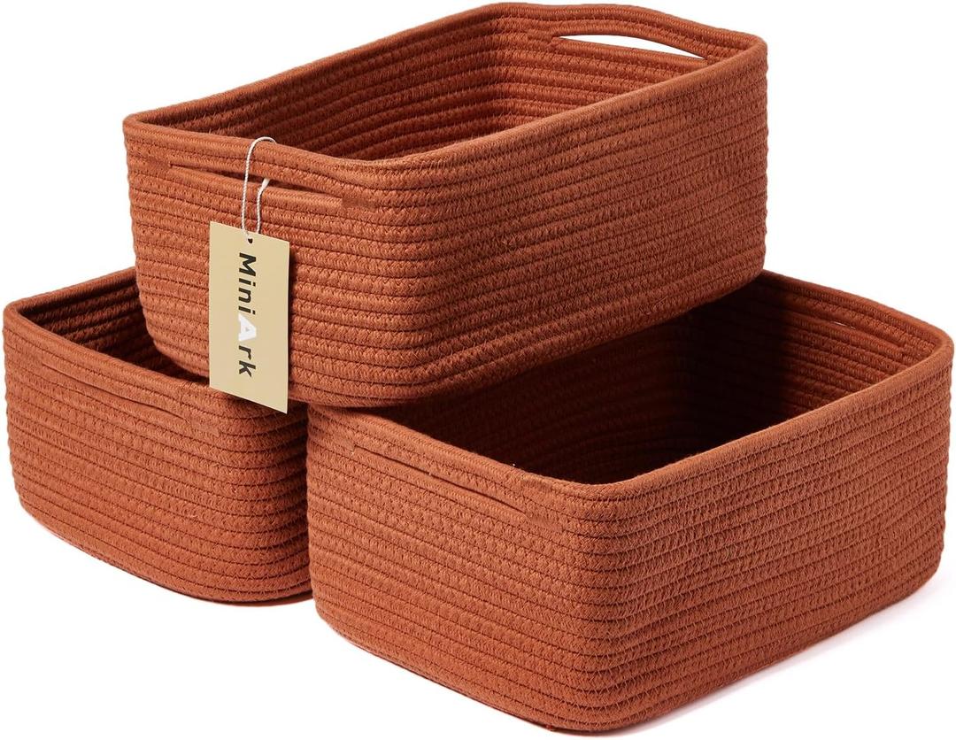 Small Storage Baskets for Organizing | Closet Organizer Bins | Shelf Toy Basket | Woven Rope Baskets | Cube Decorative Box | Shallow Basket | 13x8.5x5.1 | 3 Packs Oxide Red