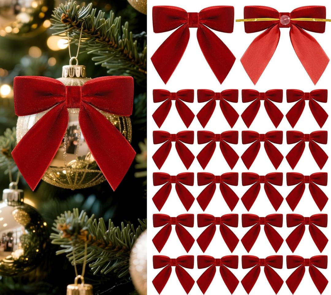 30 Pcs Velvet Bows for Christmas Tree, Pre-Tied Christmas Bows with Twist Ties & Adhesive Dots Vintage Xmas Decor for Garland Wreath Gift Packaging(3 x 3 Inch, Width of 1",Red)