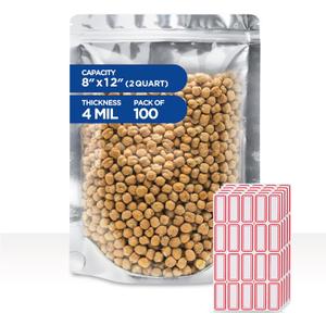 BELLE KR Clear Mylar Bag 8"x12" - Pack of 100, 8 Mil Thick - 2 Quart Stand Up See Through Mylar Bags for Food Storage with Label Stickers
