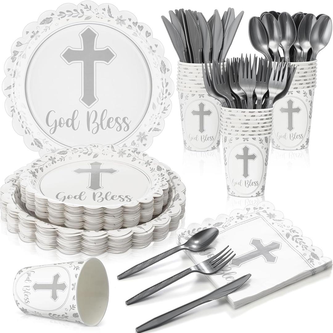Zhehao 25 Sets Baptism Plates Napkins Party Supply First Communion Decorations God Bless Disposable Cups Cutlery for Newborn Baby Shower Christening Church(White)