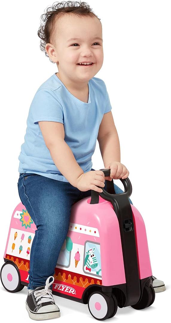 Toddler Carry-on Storage Ride-on Toy, 17-inch Long Radio Flyer 3-in-1 Happy Trav'ler Ice Cream Truck, Ages 2-5 Years, Compact Storage, Large