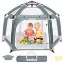 Pop Up Playpen for Baby, 150*100 cm(L*H) Playpen for Babies and Toddlers with Removable Sun-Shades& 2 Side UV Covers, Lightweight Outdoor Baby Play pen for Beach Home with Travel Bag,Light Gray