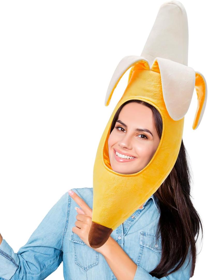 Banana Hat Costume, Plush Fruit Headwear for Adults, Party Costume for Halloween Dress Up and Crazy Silly Banana Hat Roleplay Cosplay