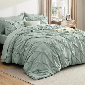 Bedsure Queen Comforter Set Sage Green - Bed in a Bag Queen Size 7 Pieces, GentleSoft Pintuck Bed Set Gift for Family, Pinch Pleat Sage Green Comforter with Sheets, Pillowcases & Shams