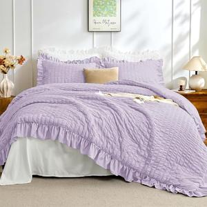JOLLYVOGUE Lavender King Comforter Set, 3 Pieces Seersucker Comforters King Size, Lightweight & Fluffy Bedding Sets King for All Season with 1 Ruffle Comforter and 2 Ruffle Pillowshams
