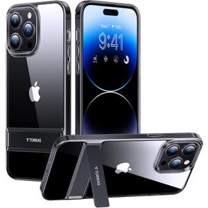 TORRAS MoonClimber Designed for iPhone 14 Pro Case Clear with Stand, Metal Kickstand, Non-Yellowing, 10FT Military Drop Protective Shockproof Slim Hard Case for 14 Pro Phone Case with Kickstand, Black