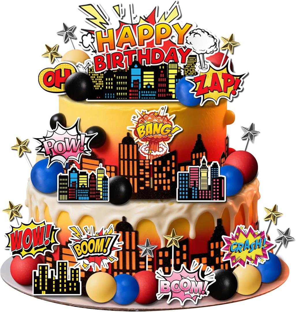 46 PCS Superhero Cake Topper - Happy Birthday Decorations for Hero Themed Party Supplies - City Cake Decor 