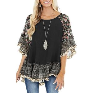 CASURESS Women's Floral Printed Ruffle 3 4 Sleeve Shirt Batwing Loose Tops Blouses Pullover (Large, Black)