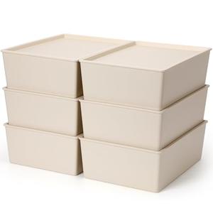 Menkxi 6 Pcs Plastic Storage Bins with Lids Stackable Storage Containers Durable Box Baskets for Organizing Shelves Playroom Classroom Office (Large, White) 