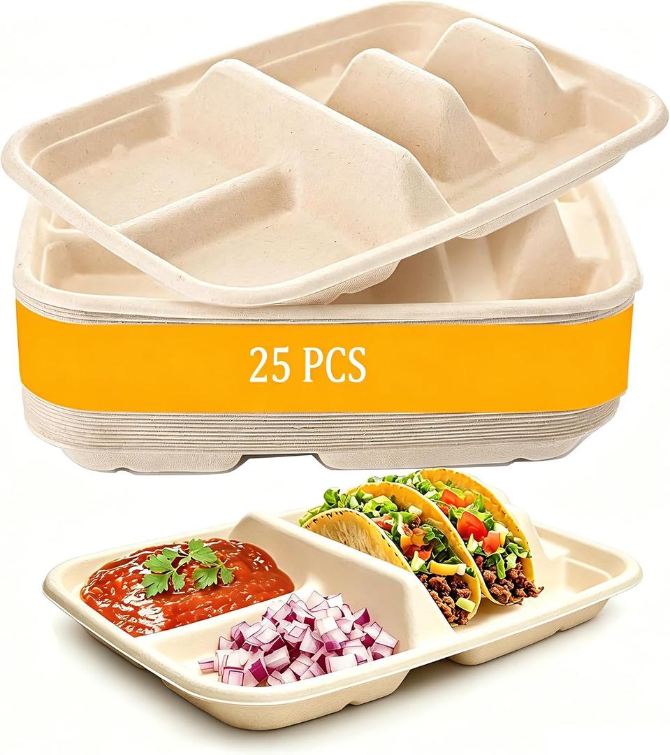 Disposable Taco Plates for 2 Tacos & 2 Sides 25 PACK | Premium Paper Plates with Dividers, Fiesta Taco Holder, Taco Stand for Tuesday & Bar Serving Set
