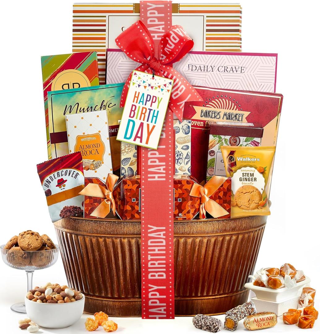 Broadway Basketeers Birthday Gift Basket Gourmet Snacks & Sweet Treat Box with Cookies, Candy & more - Food Gift Basket for Women, Men & Families - Happy Birthday Surprise Box, Kosher, No BB date