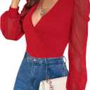 Fayenne Womens Tops Deep V Neck Cross Wrap Sexy Tops Polka Dot Mesh Long Sleeve T Shirt Casual Blouses (Medium, Red)