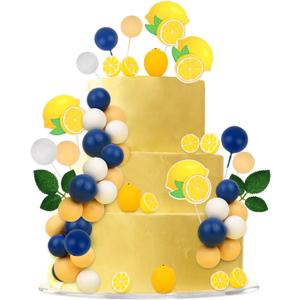 Cheereveal Blue Tile Lemon Cake Decorations - Fruit Leaves Cake Cupcake Figures Toppers Ball Dessert Picks, Lemon Theme Birthday Party Baby Shower Bachelorette Celebration Photo Props
