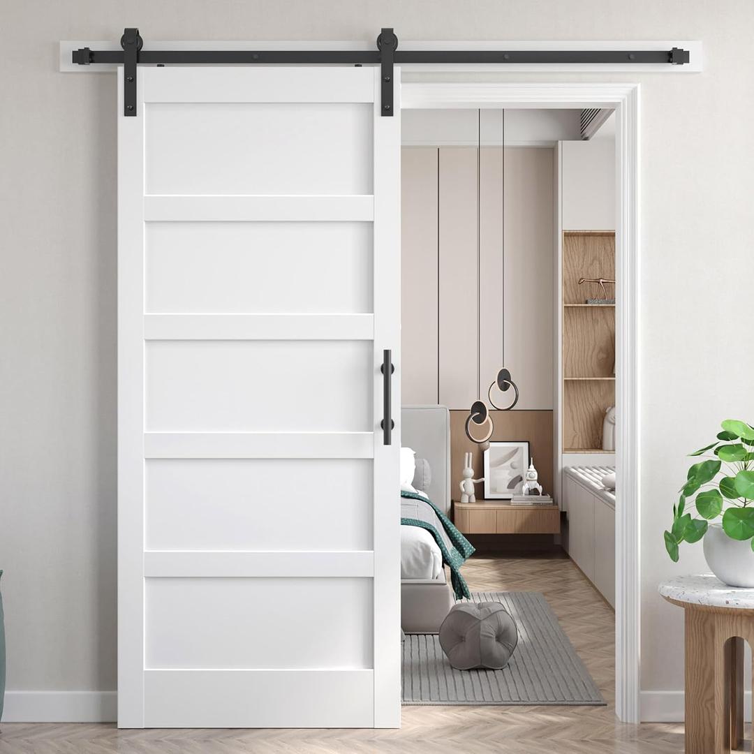 Fredbeck 38x80 inch White Barn Door with 6.6 FT Sliding Door Hardware Kit Included & Handle, MDF, Solid PVC Surface, DIY Assembly, 5-Panel