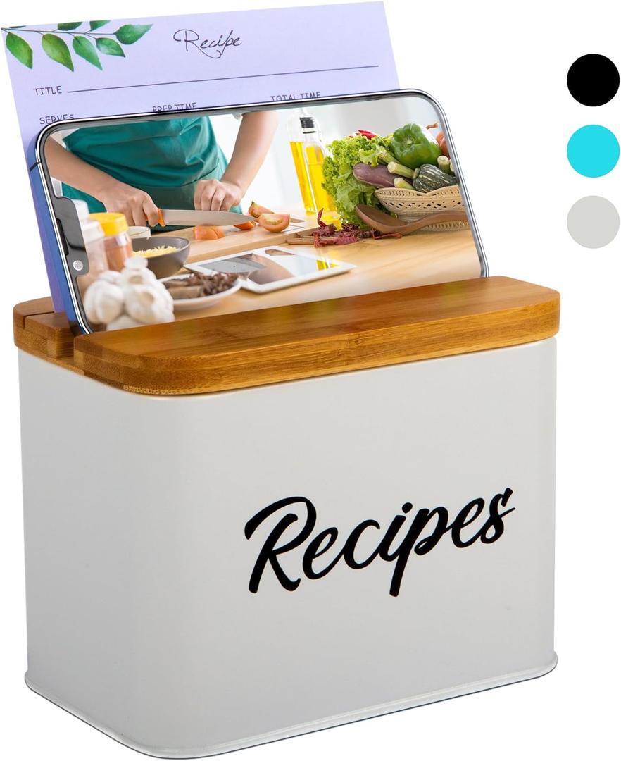 ArtEight Recipe Box - White 4x6 Inch Card Set With 25 Cards, 10 Dividers - Durable Metal Box