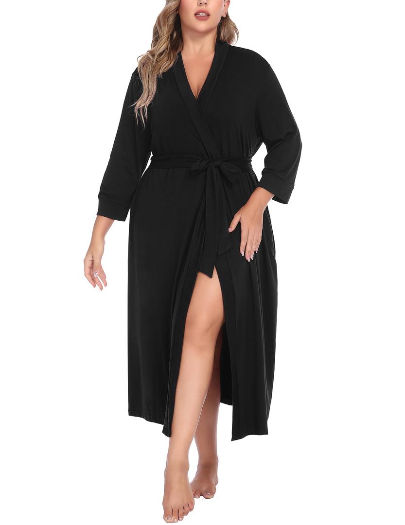 IN'VOLAND Womens Plus Size Kimono Robes Long Knit Bathrobe Lightweight Soft Sleepwear V Neck Ladies Loungewear Black 5X