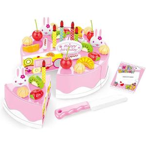 38 PCS DIY Cutting Birthday Party Cake Model Ornament Pretend Kitchen Food Set, DIY Fruit Cutting Kitchen Pink/Blue Cut Cake Gift (38PCS Pink)