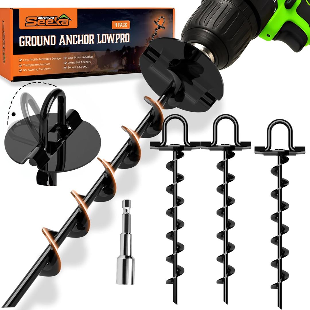 Ground Anchor Stakes (Ground Anchors Low Profile, 4 Pack Heavy Duty, Ground Anchors Screw in, Swing Set Anchors, Trampoline Anchors High Wind, Tent Stakes, Car Ports, Canopies.)