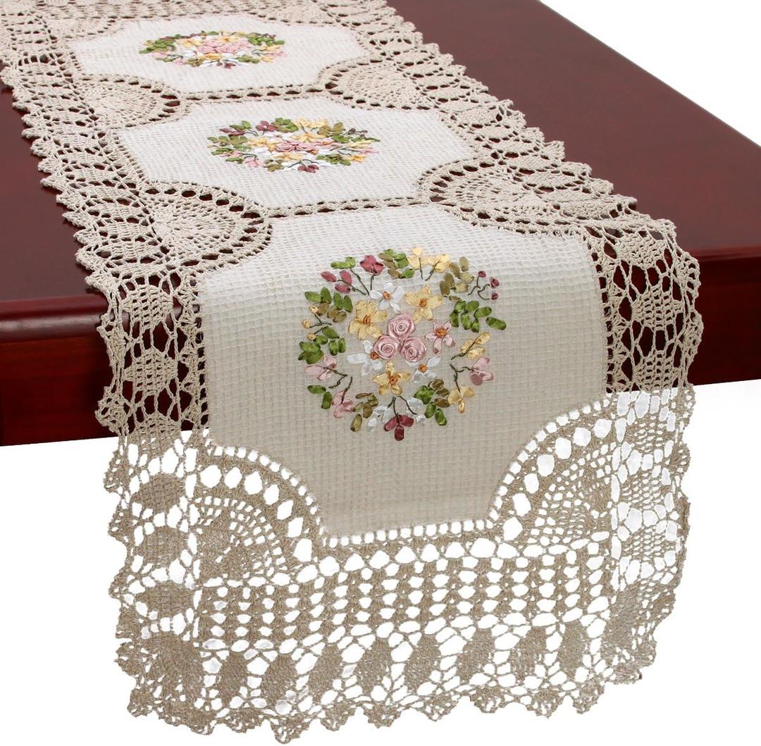 Grelucgo Small Handmade Crochet Cotton Lace Table Runner Dresser Scarf, Ribbon Embroidery (Rectangle 16 x 36 inch)