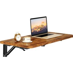 IBUYKE Wall Mounted Folding Table, Floating Wall Desk for Small Spaces, Fold Down Laundry Shelf with Heavy-Duty Brackets, Wall Table for Home Office/Bar/Kitchen/Dining, Rustic Brown UTVT005H