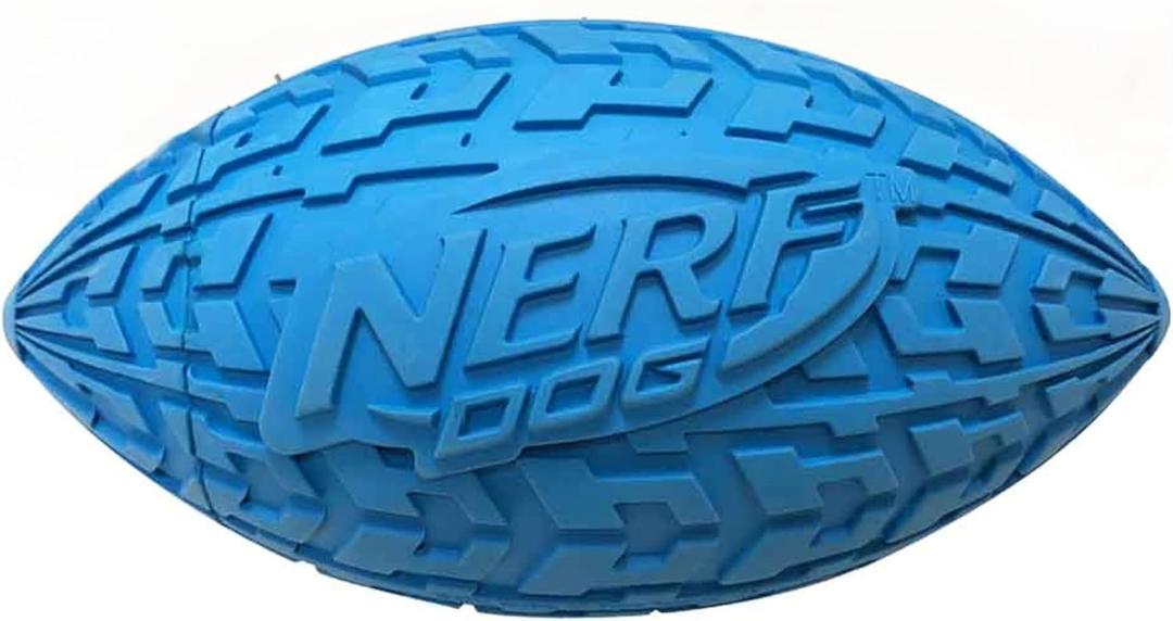 Nerf Dog Tire Squeak Football Outdoor Dog Toy, 6 Inch Dog Football Squeaking Toy for Medium and Large Breeds, Blue