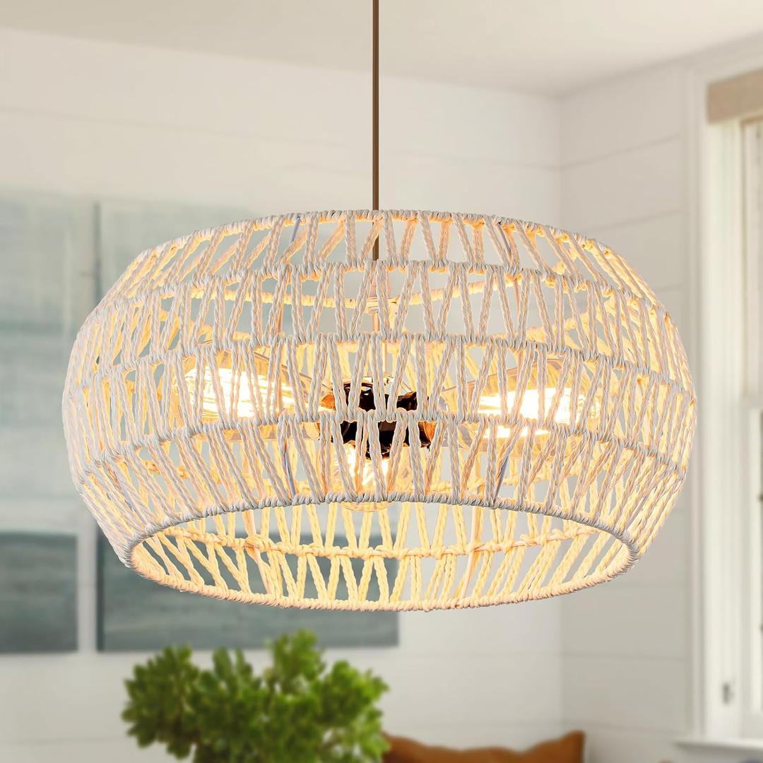 Boho Pendant Light,Dinning Room Light Fixture Rattan Chandelier Cream White Hanging Light Ceiling Mount Hand Woven Lamp Shade Bohemian Drum Chandelier Basket Light for Bedroom Kitchen Island Hallway