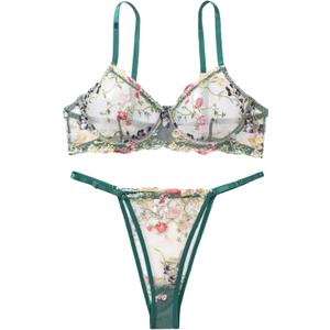Lilosy Sexy Floral Embroidered Mesh Women Underwire Push Up Lingerie Set (Green, M)