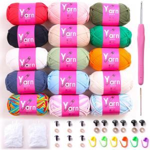 15 Pack Crochet Yarn Beginner - Black White Orange Red Green Rainbow Hot Pink Yellow Cotton Chunky Yarn - with Easy-to-See Stitches Beginner Yarn for Crocheting (15 * 50g)