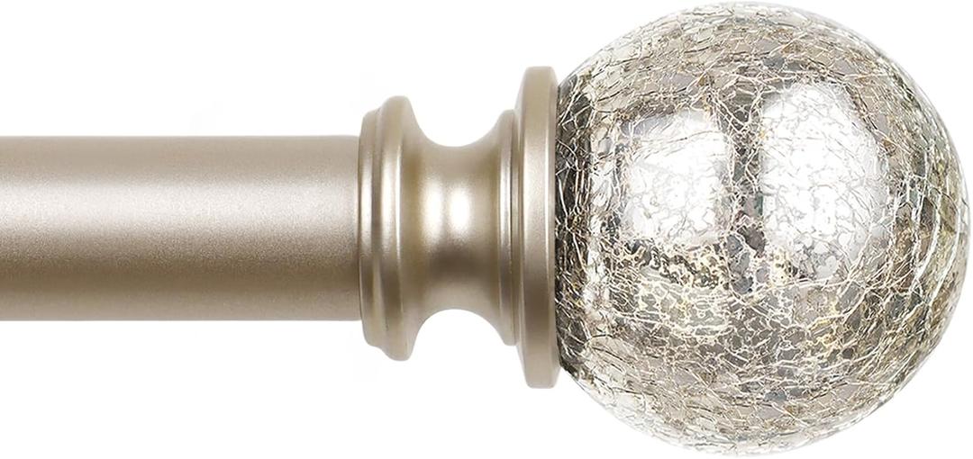 KAMANINA Curtain Rods for Windows 32 to 58 Inches (2.6-4.8ft), Adjustable Champagne Gold Curtain Rod 28 to 48 Inches, 7/8 Inch Decorative Rod with Crackle Glass Finials