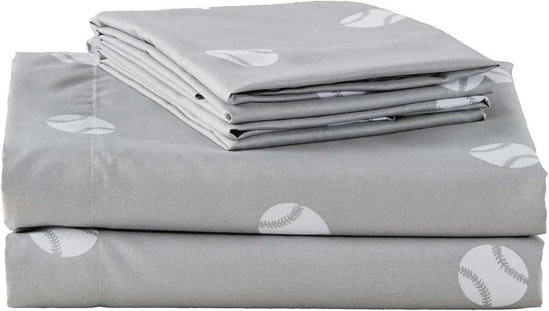 Chezmoi Collection 4-Piece Kids/Teens Sports Sheet Set - Soft Microfiber Gray White Baseball, Full Size