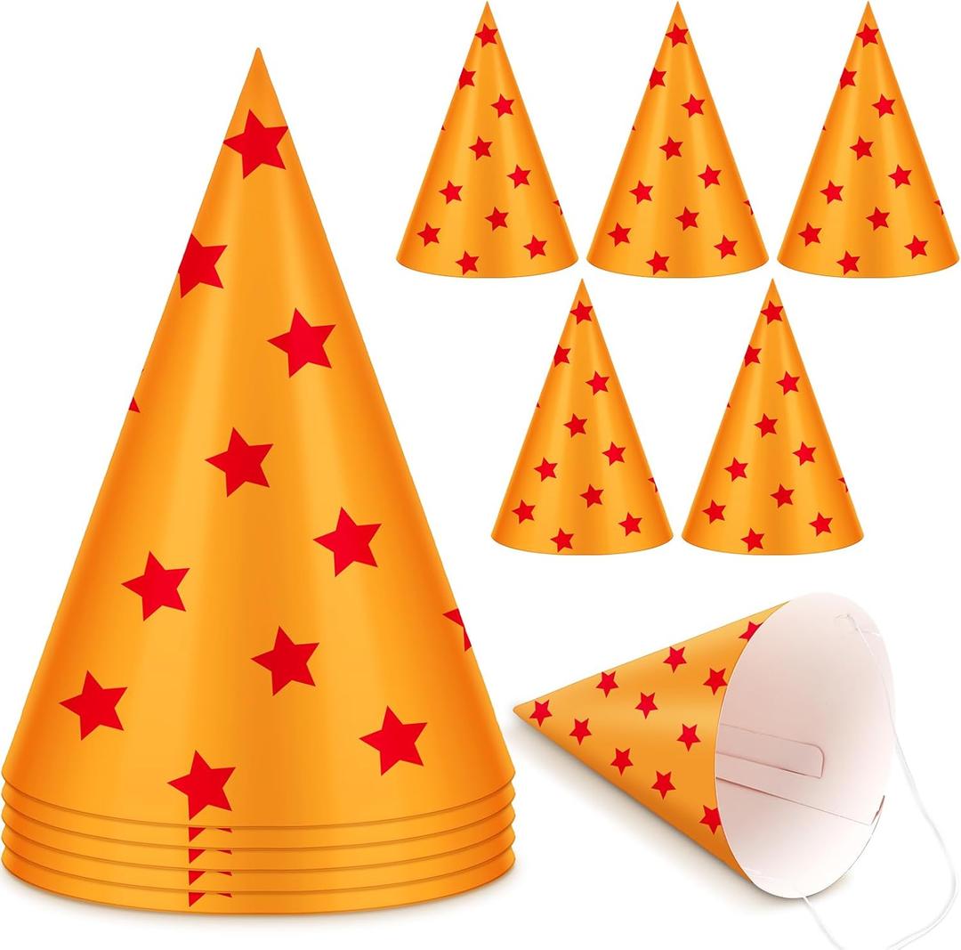 Epakh 30 Pcs Anime Theme Birthday Party Hats Decorations Orange and Red Stars Paper Cone Hats for Anime Birthday Party Favor Supplies