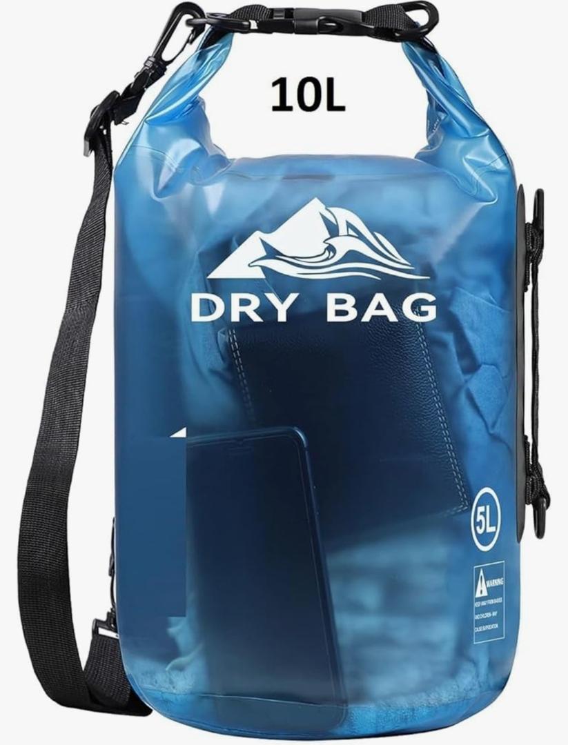 Del_zon 1 Compartment 10 Liter Transparent Ocan Bag Roll, Top Storage Bag, Lightweight Dry for Traveling, Swimming, Kayaking, Camping, Fishing Backpack (Transparent Blue)