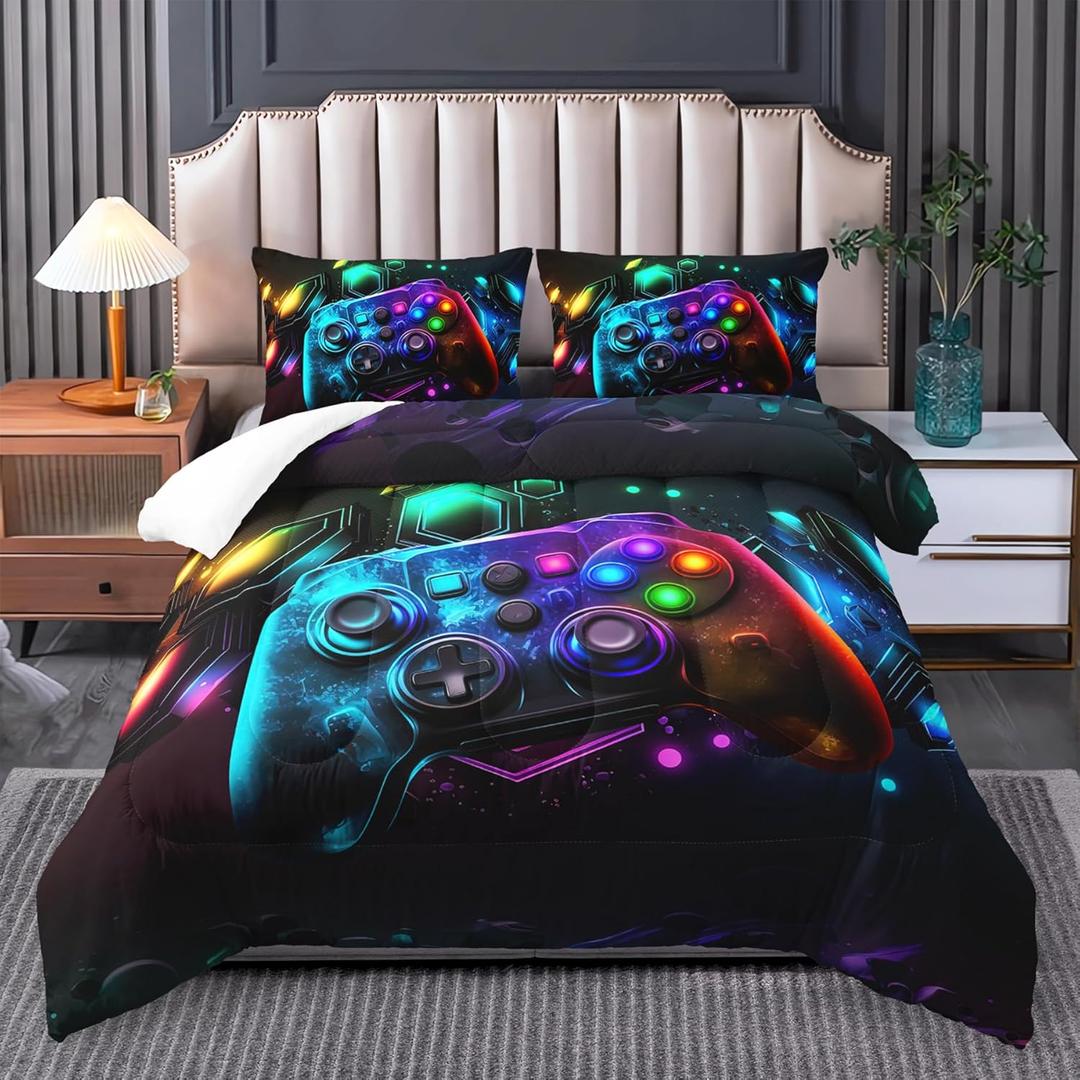 Gamer Comforter Set for Boys, Queen Size - Video Game Bedding, Neon Gaming Room Decor
