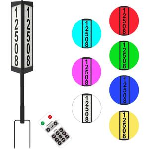 3 Side Solar Address Plaque, Lighted House Numbers for Outside, Waterproof RGBW Color Changing Remote Control, Led Illuminated Solar Address Sign with Stakes for Garden Street Home Yard