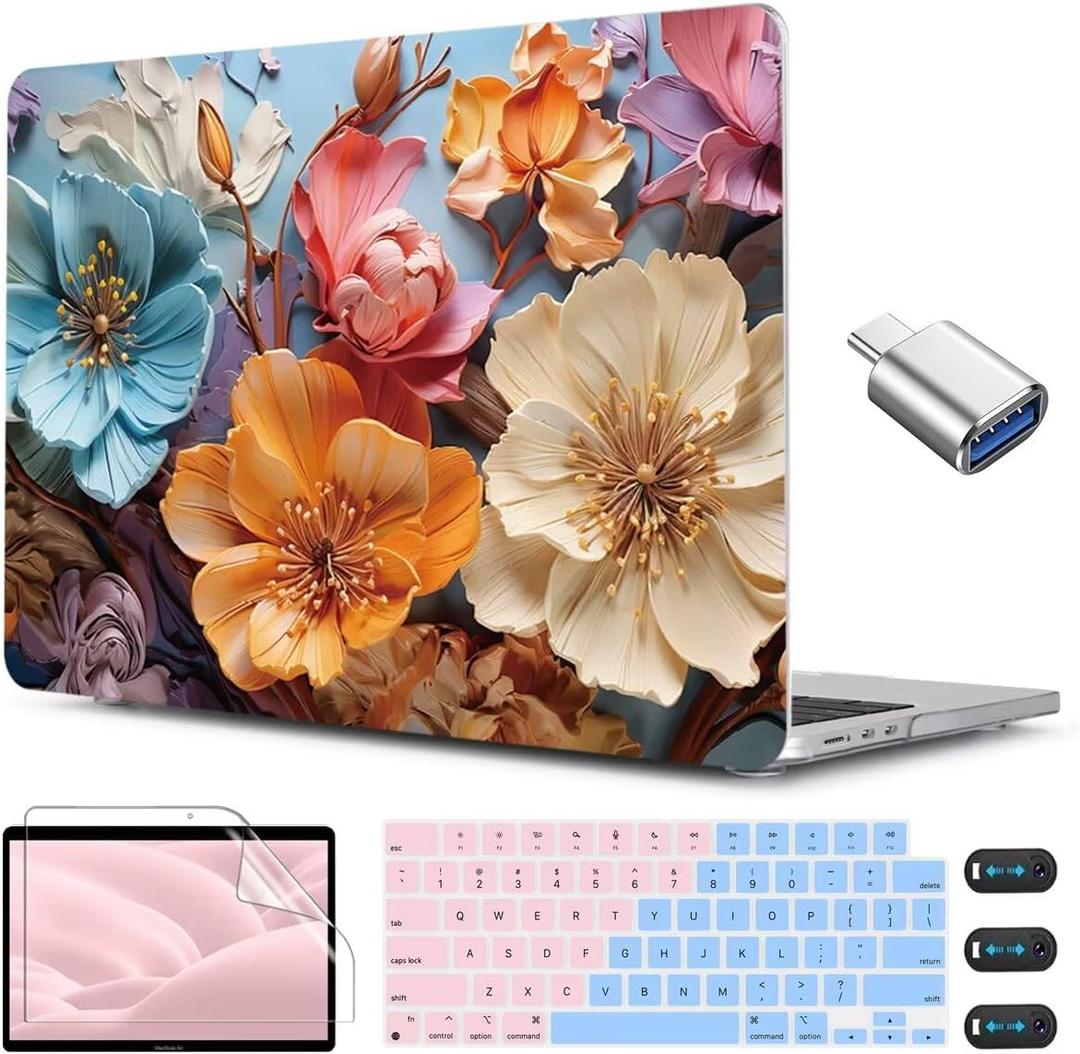 CISSOOK for MacBook Air 13 inch M2 M3 M4 M5 Case 2022 2023 2024 2025 2026 Release, Flower Hard Shell Cases with Keyboard Cover OTG Adapter for MacBook Air 13.6 inch A3449 A3240 M3113 A2681
