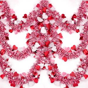 50FT Valentines Garland with Hearts for Valentines Day Decorations, Pink Heart Tinsel Mantle Garland Valentines Day Decor for Home Office Indoor Outdoor