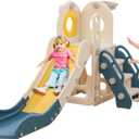 Freestanding Toddler Slide, 5 in 1 Kids Indoor Playset for Toddlers 1-3L Shaped Slide with Basketball HoopBaby Climber for Indoor Outdoor for Boys and Girls Birthday, Sturdy Playground Toy (Beige Blue)