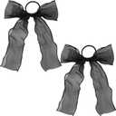 2Pcs Large Bow Hair Ties, Black Organza Ribbon Bow Hair Scrunchies for Women, Elegant Long Tail Bowknot Ponytail Holder French Hair Accessories for Wedding, Parties, Festivals
