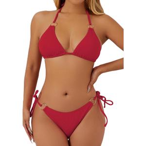 swimall Women's String Bikini Set Sexy Tie Side Two Piece Swimsuit Cute Triangle Halter Bathing Suit (L, 425 - Red Wine)