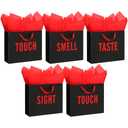 Kolldenn 5 Senses Gift Bags for Him and Her Five Senses Gift Bag with Ribbon Handles and Tissue Paper Present Wrappings for Valentine Wedding Birthday Mothers Day (Black Red,11.8 x 10 x 4 Inch)