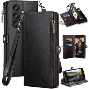 XcaseBar Compatible with Samsung Galaxy S24 5G Wallet case with Zipper Credit Card HolderRFID Blocking,Flip Folio Book PU Leather Phone case Shockproof Cover Men Women for Samsung S24 case Black
