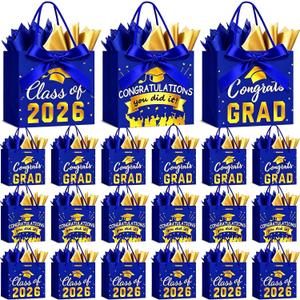 FlorWave 45 Pack Graduation Gift Bags 2026 Small Graduation Congrats Bags Bulk 5.5 x 4.7 x 2.5 Inch with Bow Ribbon and Tissue Papers for College High School Grad Party Supplies(Blue and Gold)