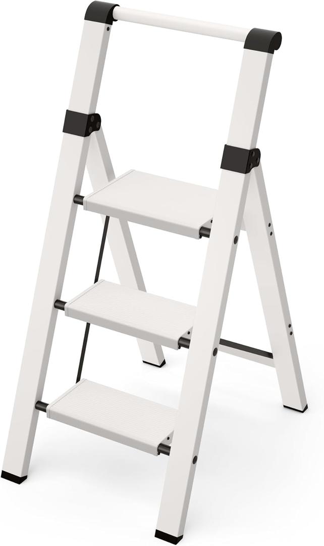 Taranta 3 Step Ladder, Lightweight Aluminum Step Stool with Convenient Handgrip, Folding Ladder with Anti-Slip Pedals, 330lbs Capacity Stepladder for Home, Office, Kitchen - White